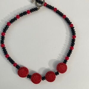 Cinnabar choker with black and red beads, Vintage necklace